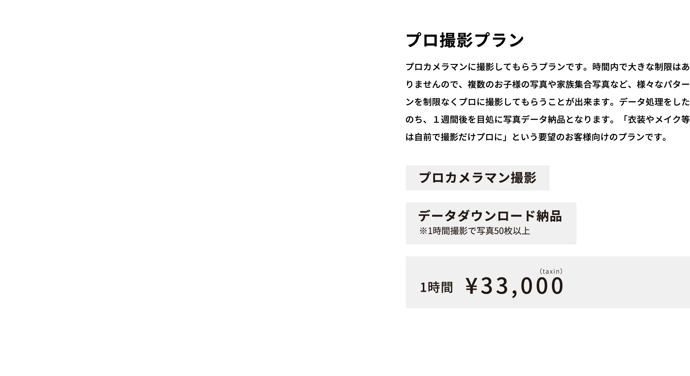 プロ撮影プラン プロカメラマンに撮影してもらうプランです。時間内で大きな制限はありませんので、複数のお子様の写真や家族集合写真など、様々なパターンを制限なくプロに撮影してもらうことが出来ます。データ処理をしたのち、１週間後を目処に写真データ納品となります。「衣装やメイク等は自前で撮影だけプロに」という要望のお客様向けのプランです。
